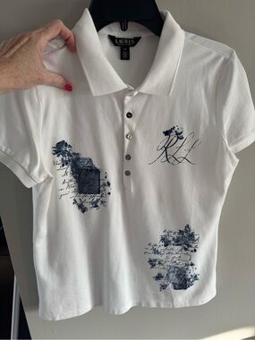 NWOT Lauren Ralph Lauren Women’s White Patchwork Pique Polo Shirt w script logo